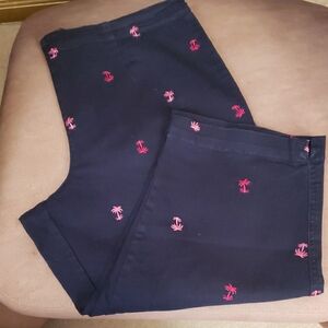 White Stag Navy Blue & Pink Palm Tree Embroidered Capris  -  Size 16